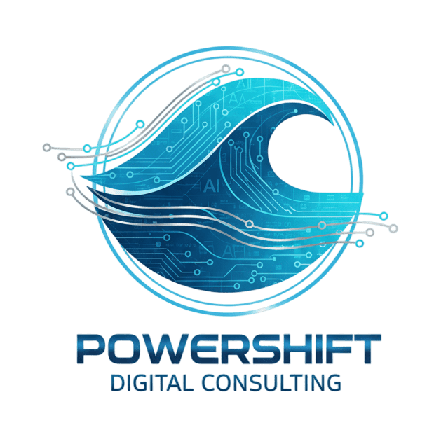 A blue wave logo with the text 'Powershift Digital Consulting'.