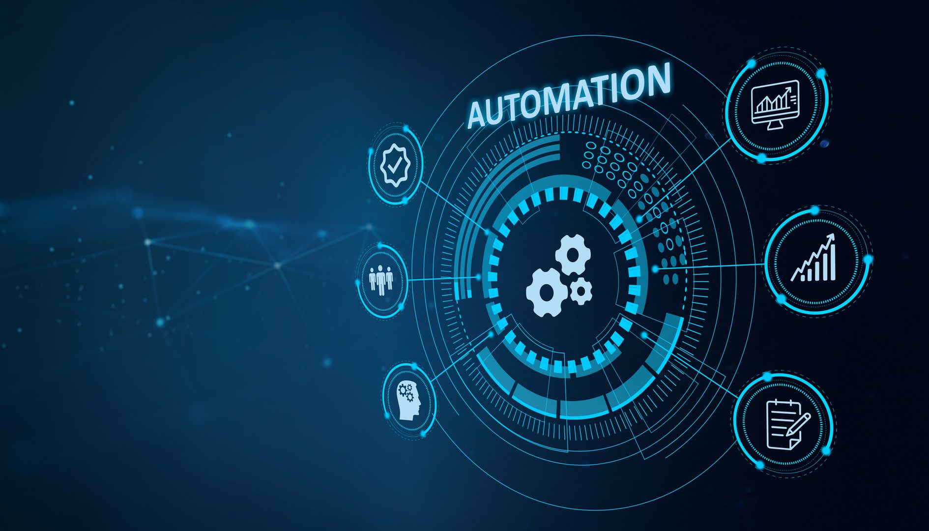 Automation concept with digital icons and gears.
