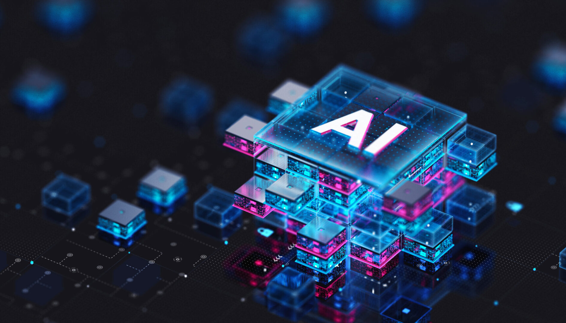 AI digital blocks with blue and pink lights.