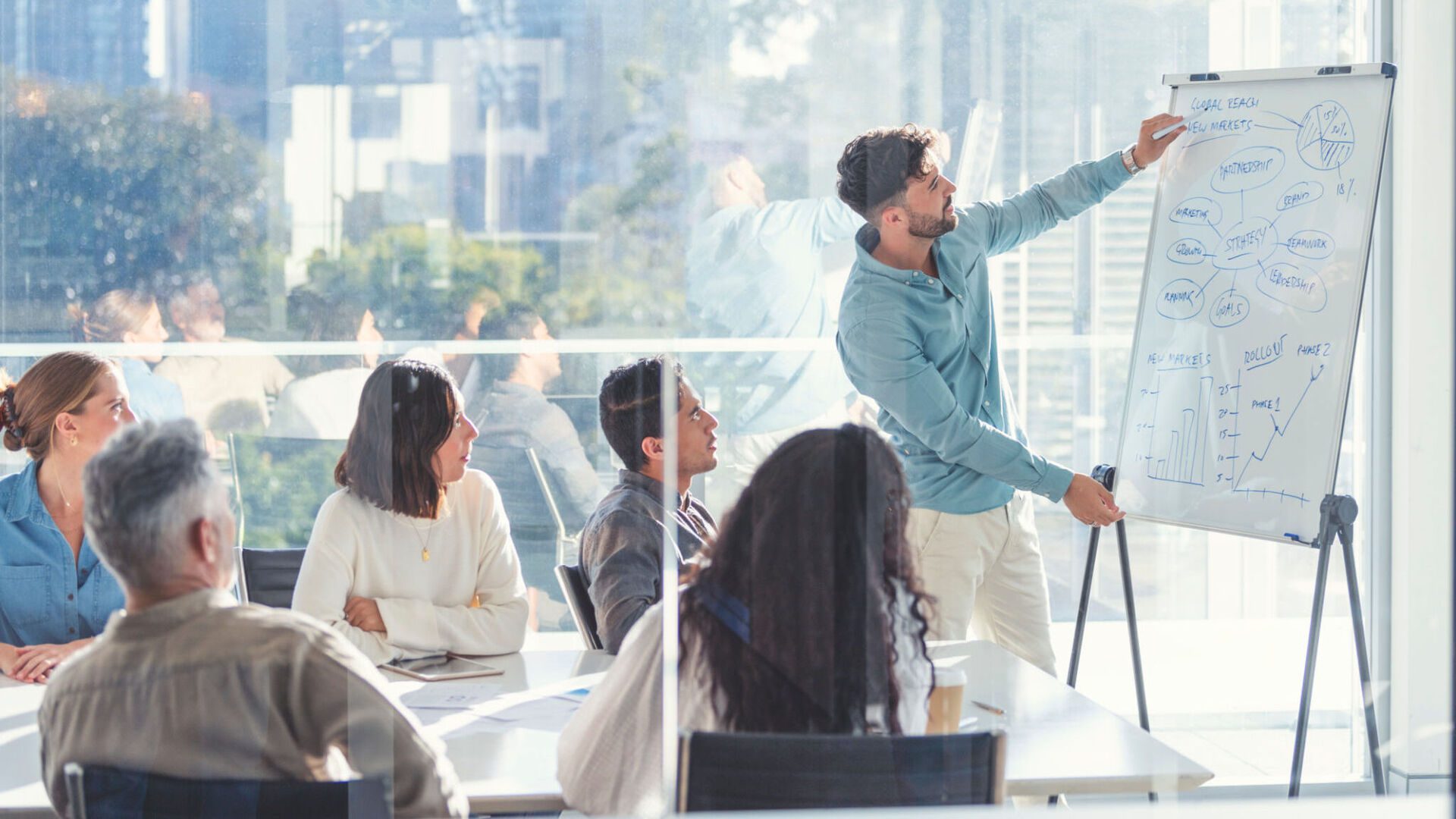 Man presenting to colleagues with whiteboard.