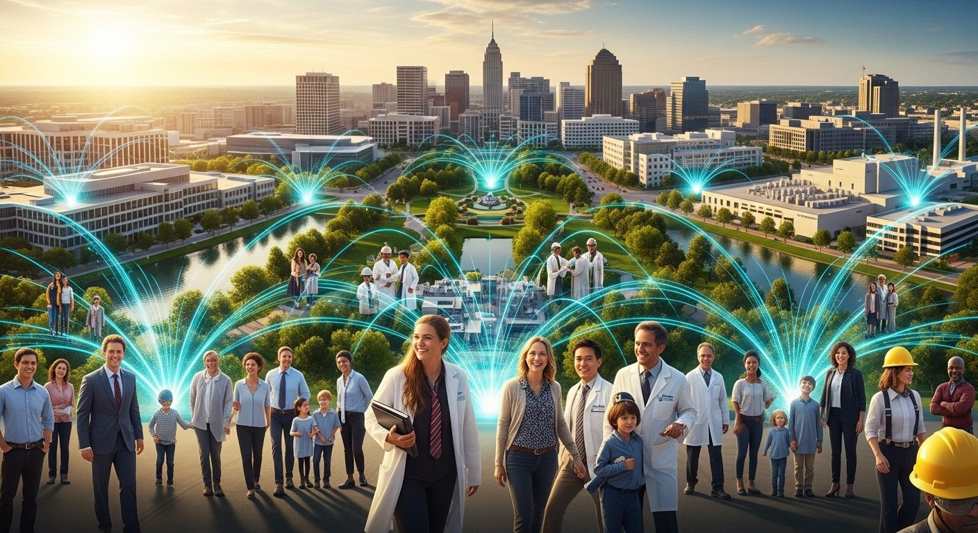 A group of professionals overlooking a futuristic smart city with digital connectivity overlays.