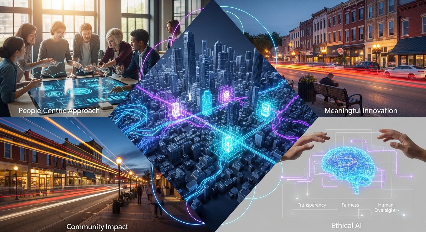 Overlay of futuristic digital network on city and social scenes.